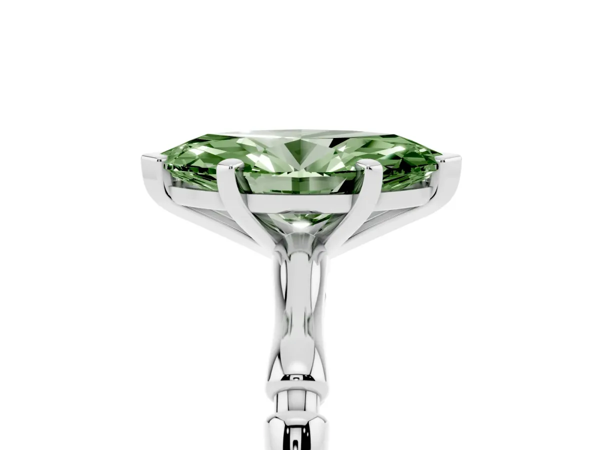 Fancy Green Marquise Cut Solitaire Diamond Ring with Bamboo Band and Four-Prong Setting Silver