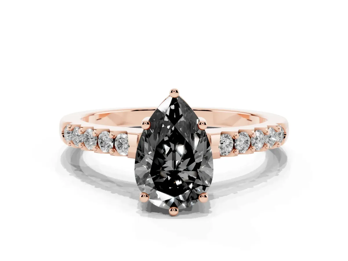 Fancy Black Pear Cut Solitaire Diamond Engagement Ring with Pavé Band and Six-Prong Setting Rose gold