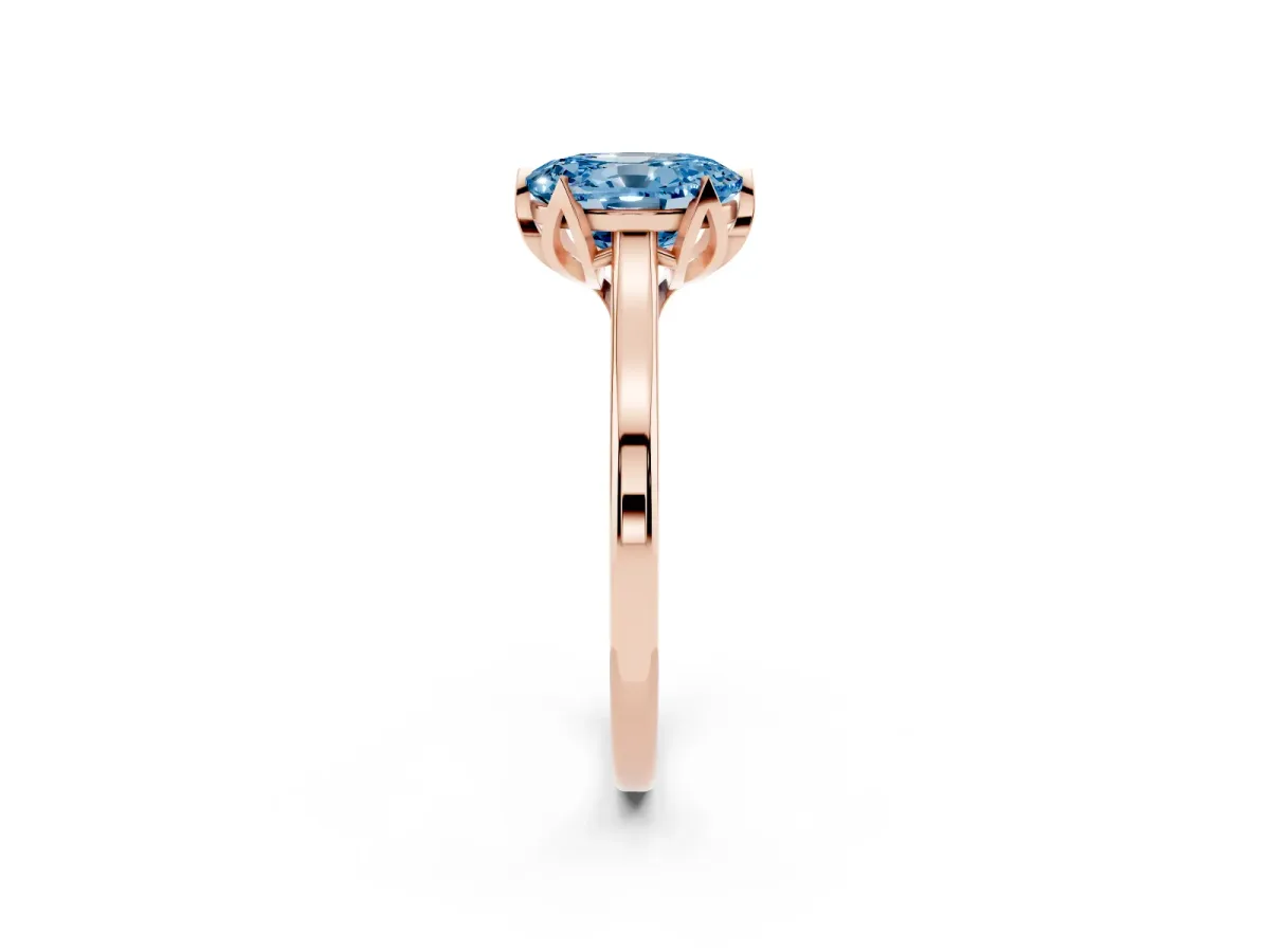 Fancy Blue Oval Cut Diamond Solitaire Ring with Flower Prong Setting and Classic Band Rose gold