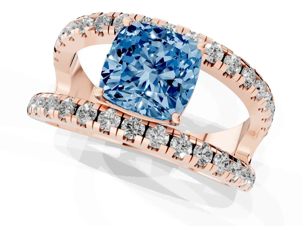 Fancy Blue Cushion Cut Solitaire Split Shank Pave Diamond Ring Rose gold