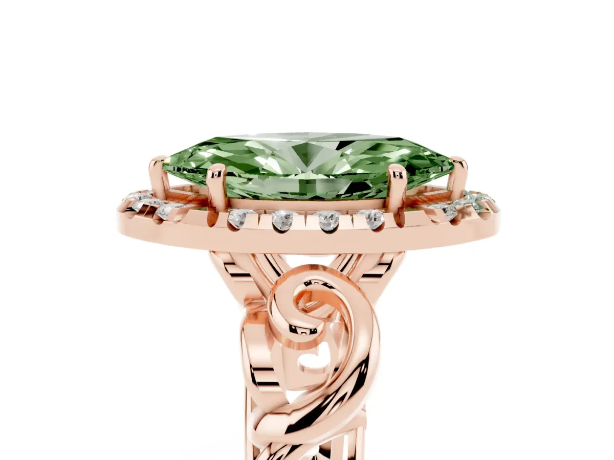Fancy Green Marquise Cut Cut Halo Diamond Ring with Scrollwork Band and Four-Prong Setting Rose gold