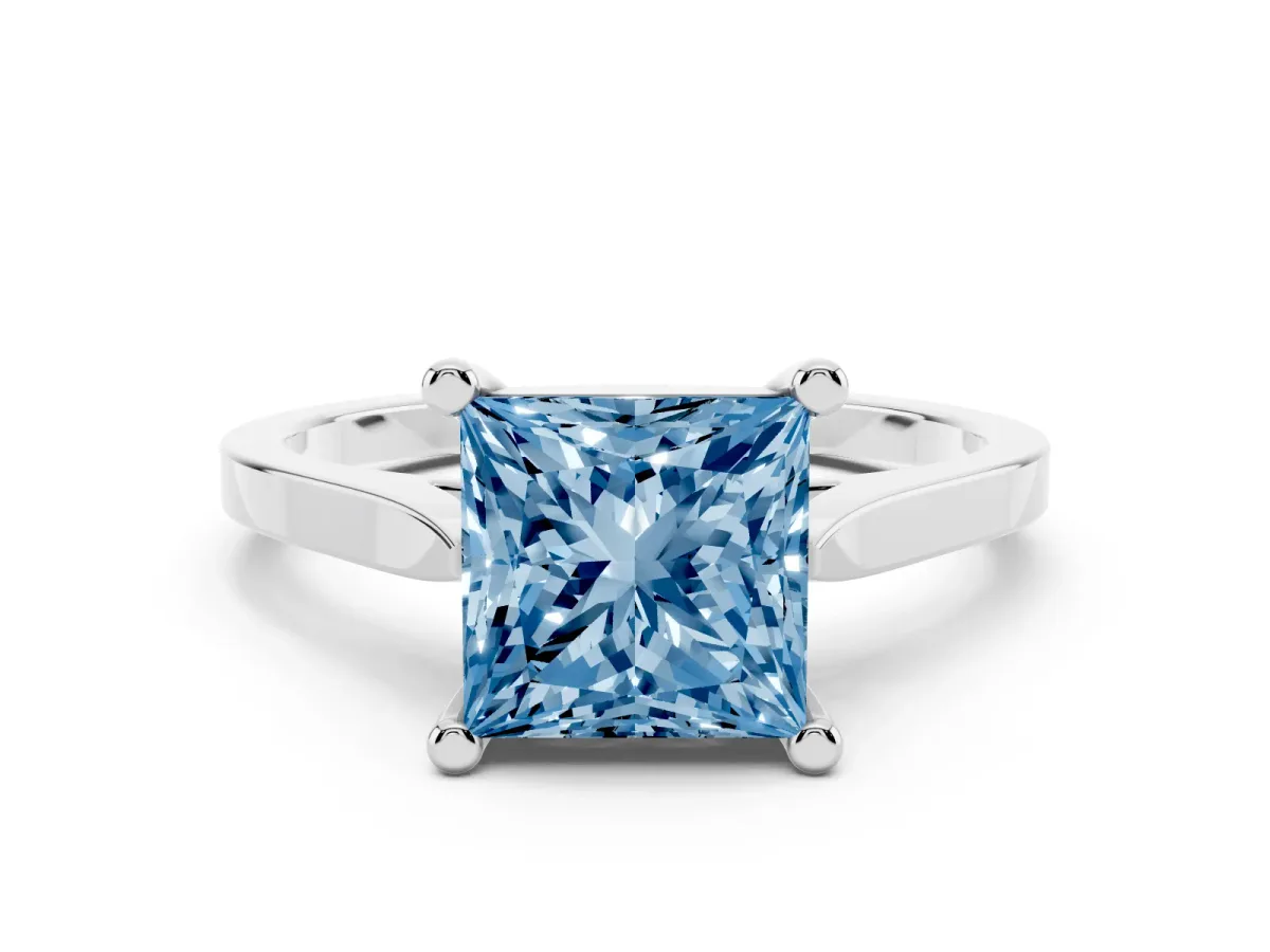 Fancy Blue Princess Cut Solitaire Diamond Ring with Four-Prong Setting and Tapered Band White gold