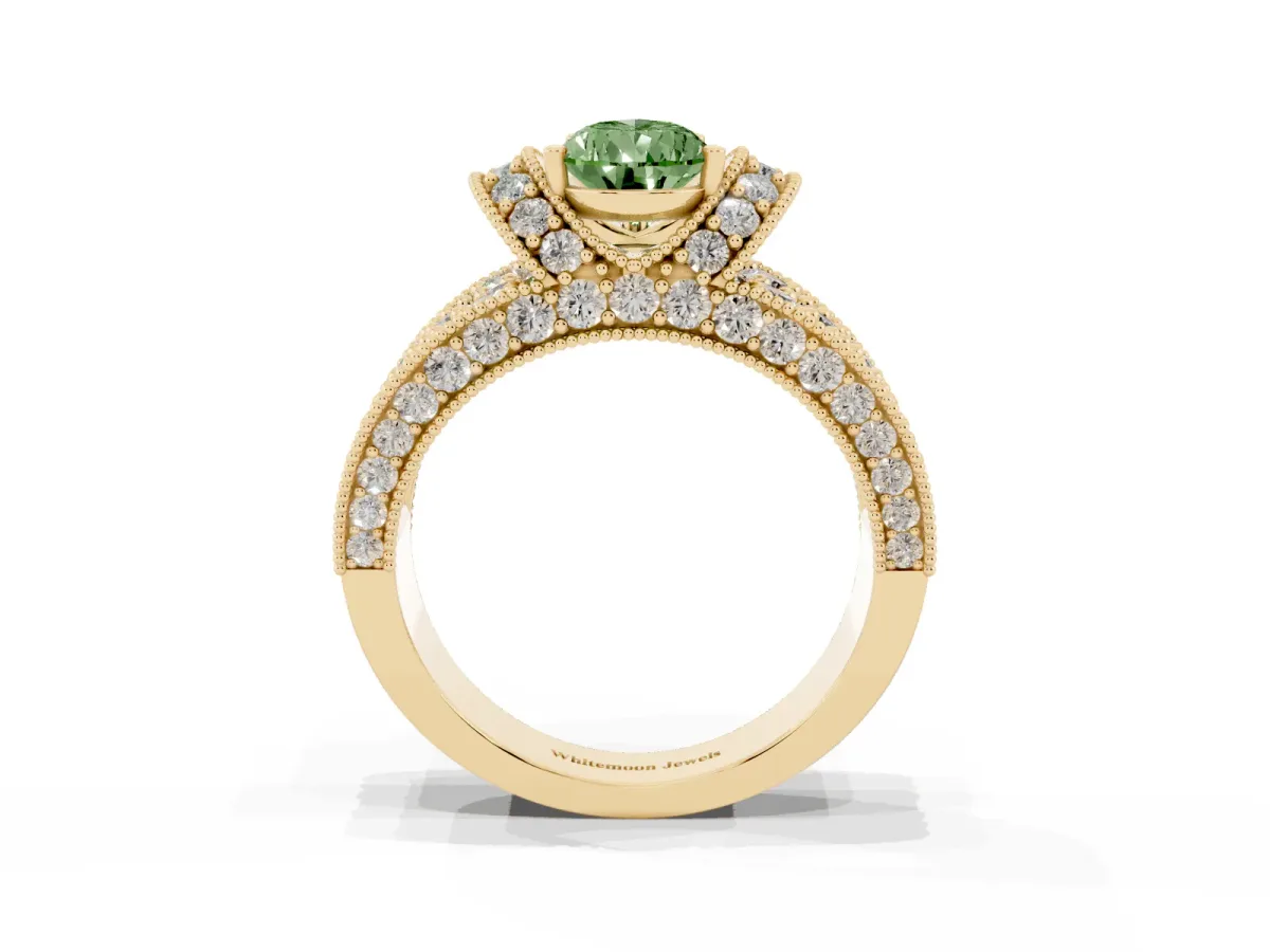 Fancy Green Pear Cut Halo Pave Diamond Engagement Ring with Milgrain Detailing Yellow gold