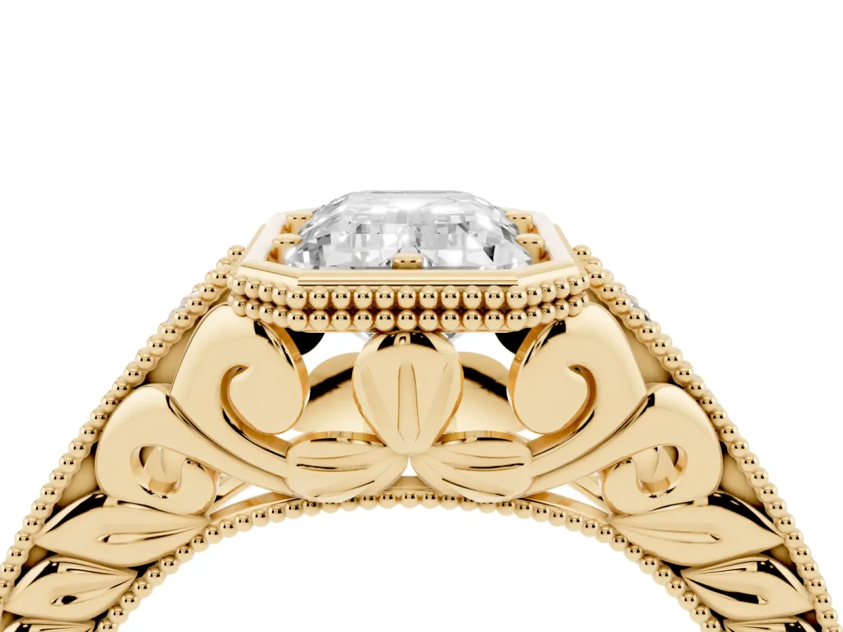 Bezel Set Emerald Cut Diamond Milgrain Pave Engagement Ring Yellow gold