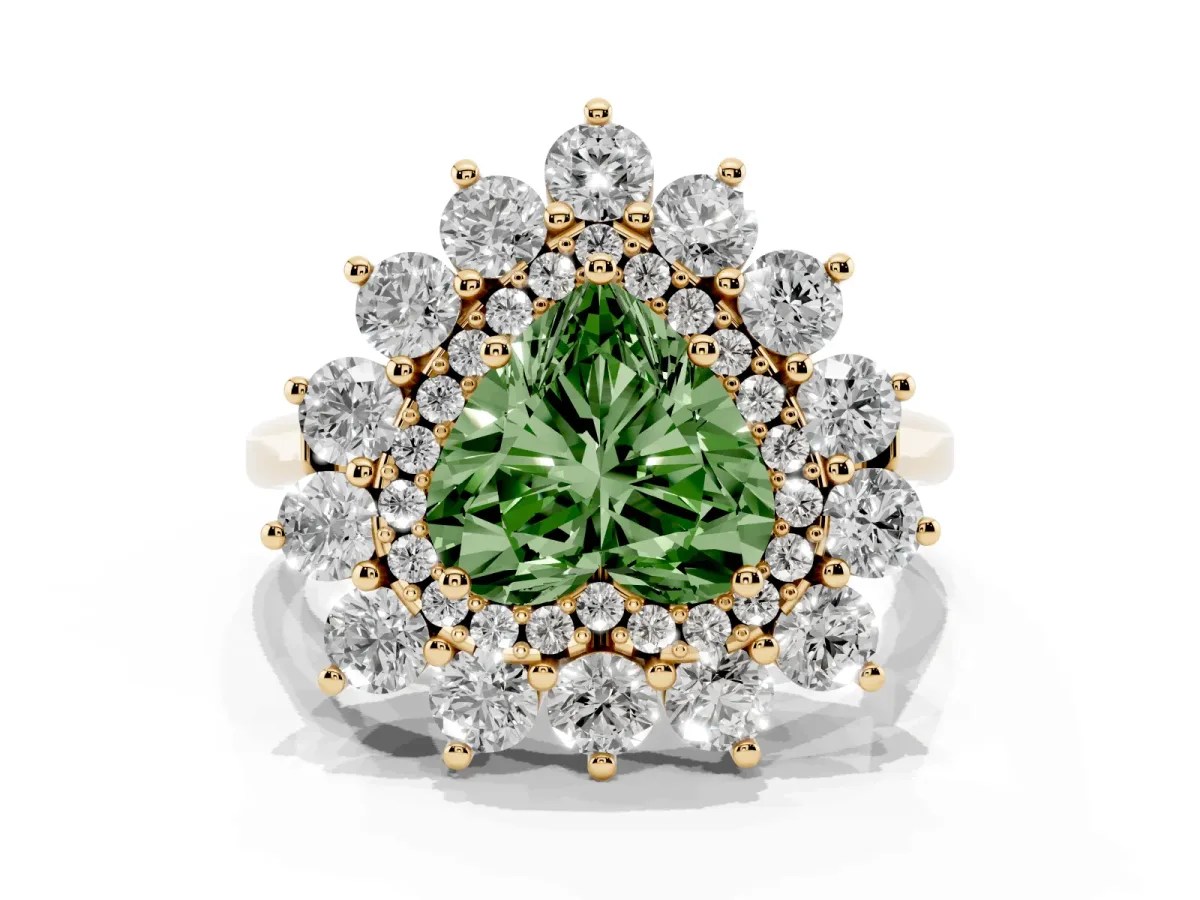 Fancy Green Heart Cut Diamond Floral Double Halo Engagement Ring with Prong Setting Yellow gold