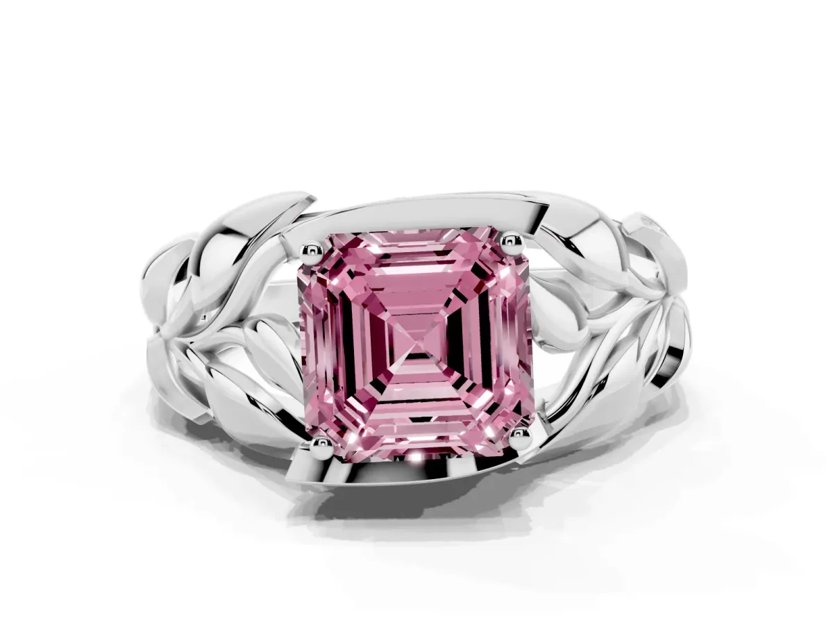 Fancy Pink Asscher Cut Diamond Leaf-Inspired Engagement Ring with Round Accents and Prong Setting Platinum