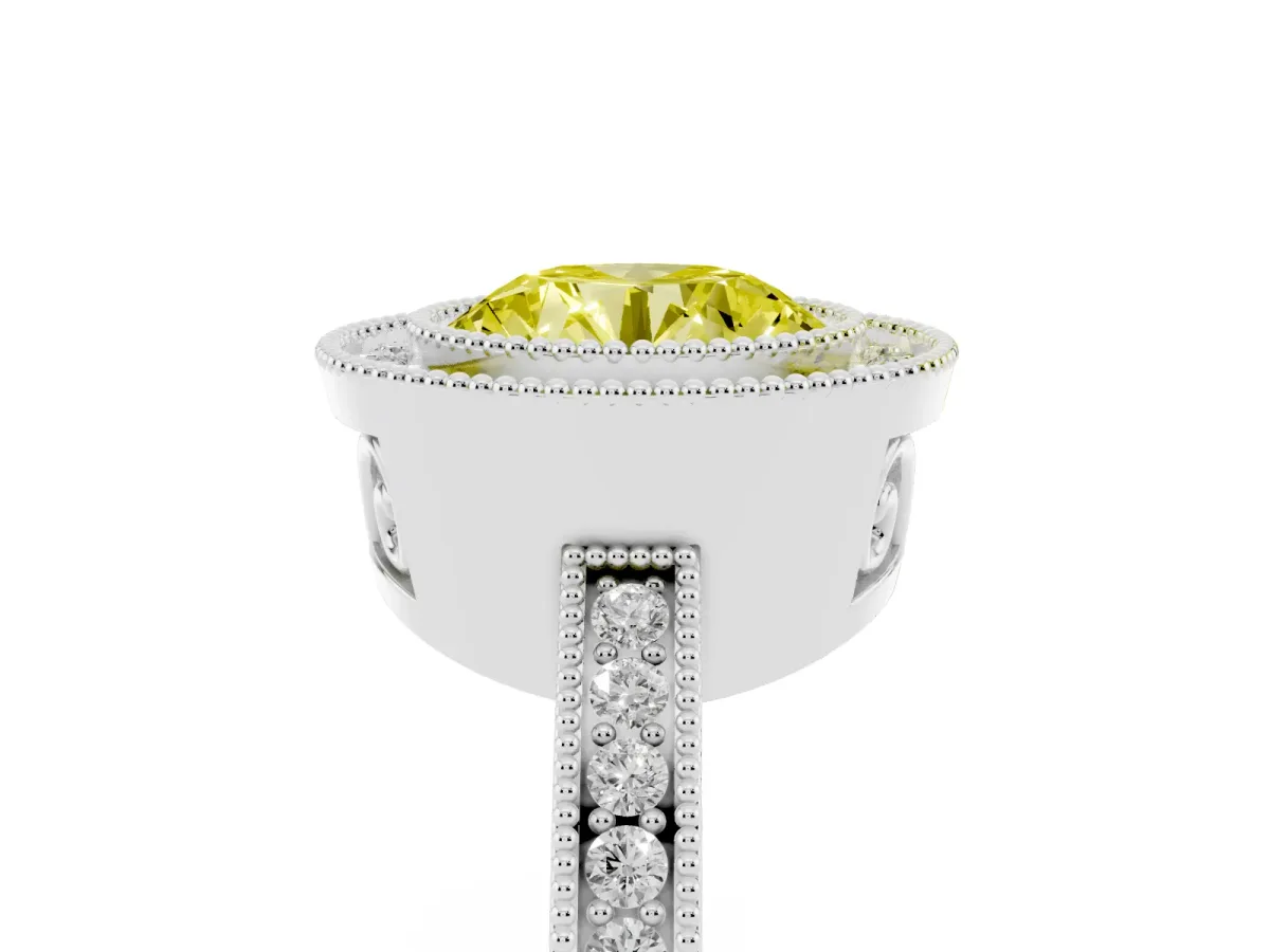 Fancy Yellow Round Cut Cut Halo Diamond Ring with Pavé Band and Milgrain Prong Setting White gold