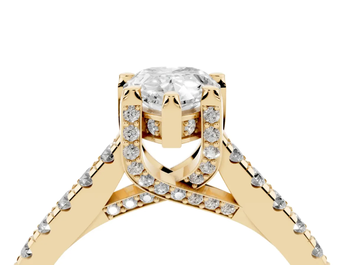 Pear Cut Brilliant Diamond Solitaire with Pavé Band and Four-Prong Setting Yellow gold