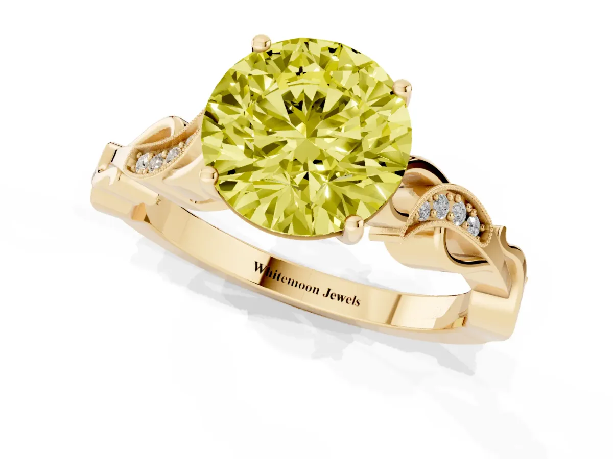 Fancy Yellow Round Cut Solitaire Vine Band with Milgrain Prong Setting Yellow gold