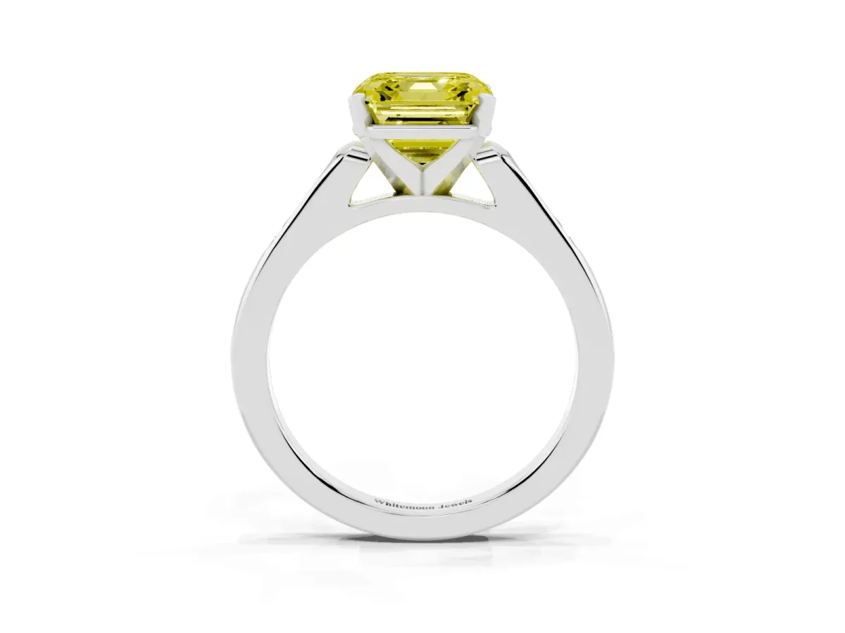 Fancy Yellow Asscher Cut Diamond Solitaire Ring with Channel Set Round Band and Prong Setting Silver