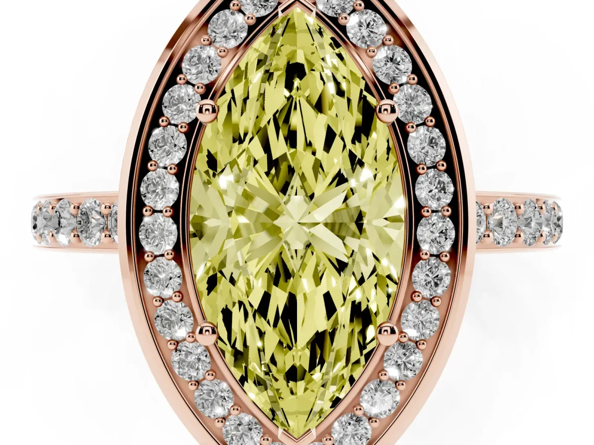 Fancy Yellow Marquise Cut Diamond Halo Ring with Bezel Frame and Pavé Band Rose gold