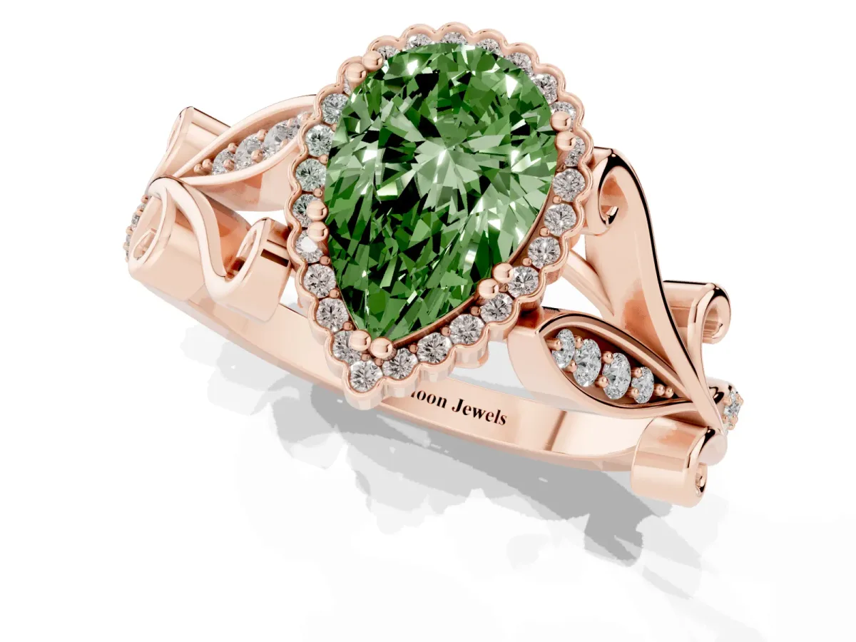 Fancy Green Pear Cut Diamond Halo Ring with Vintage Split Shank and Four-Prong Setting Rose gold