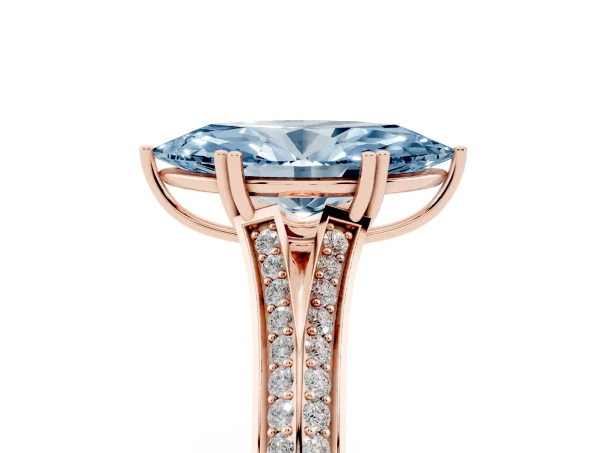 Fancy Blue Marquise Cut Diamond Split Shank Engagement Ring with Pavé Band Rose gold