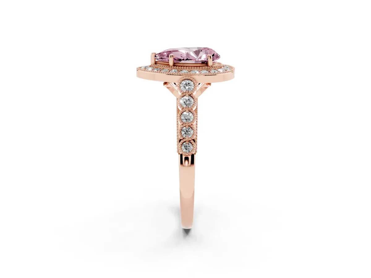 Fancy Pink Pear Cut Halo Twist Band Solitaire Ring with Six-Prong Setting Rose gold