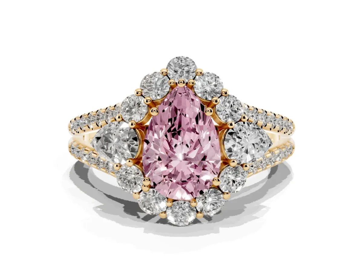 Fancy Pink Pear Cut Halo Split Shank Diamond Engagement Ring with Prong Setting Yellow gold