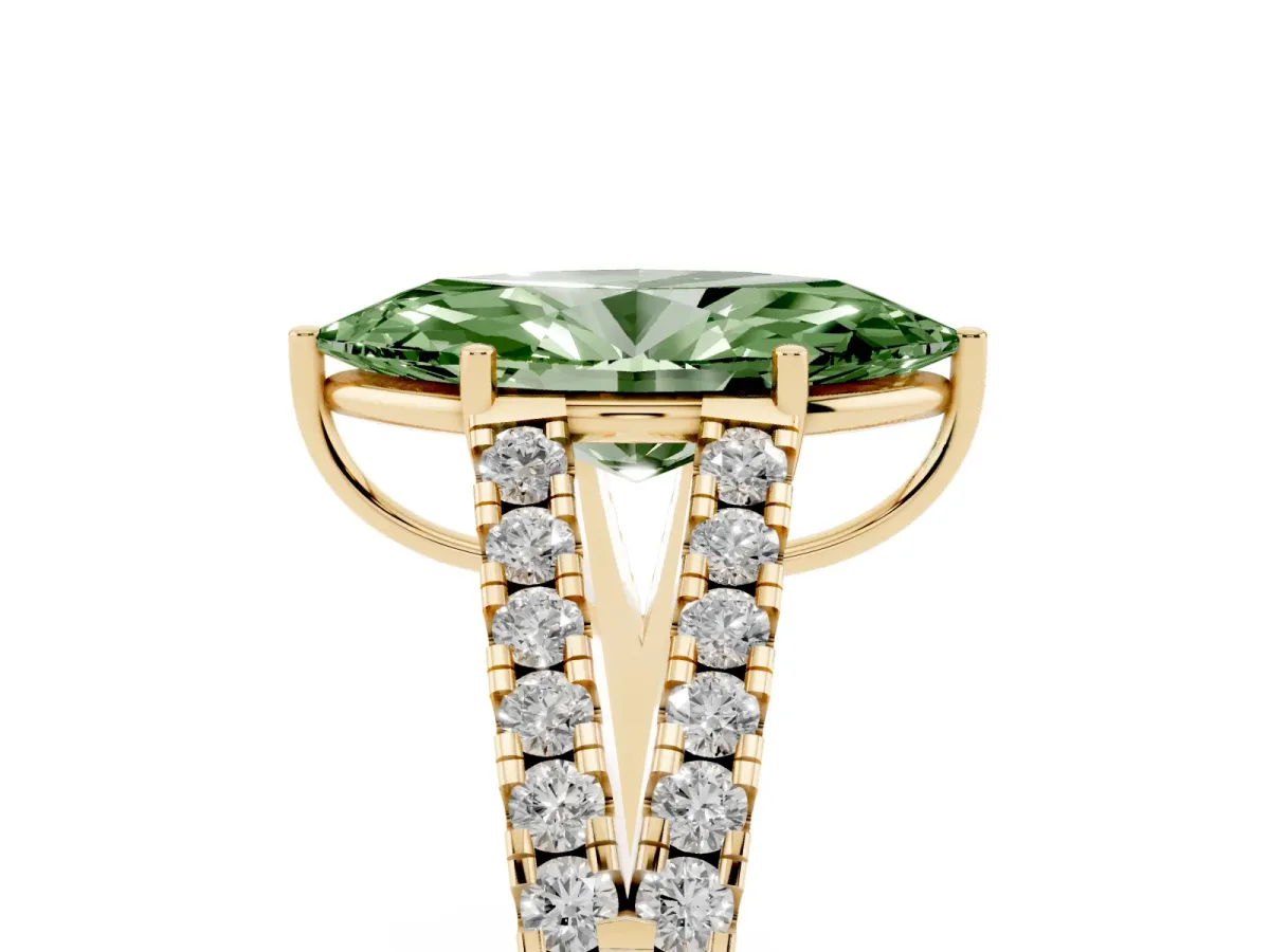 Fancy Green Marquise Cut Diamond Split Shank Pavé Engagement Ring with Four-Prong Setting Yellow gold