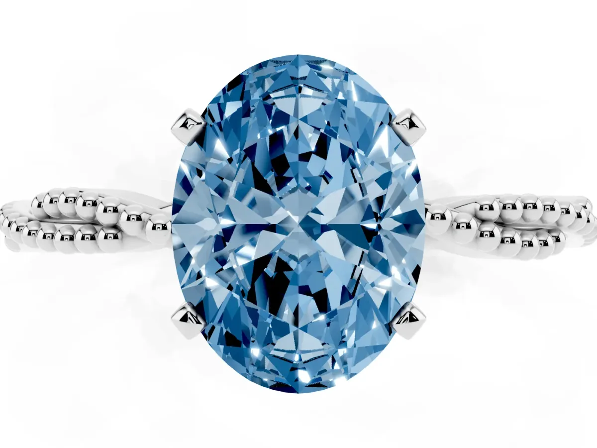 Fancy Blue Oval Cut Solitaire Twisted Band with Bead Prong Setting White gold