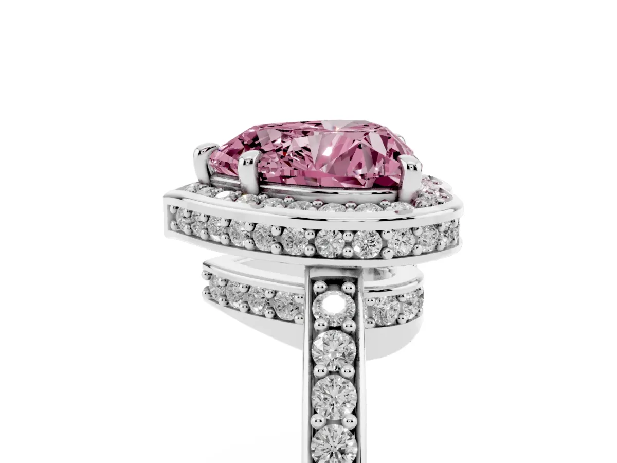 Fancy Pink Heart Cut Halo Pave Band Solitaire Ring with Prong Setting Silver
