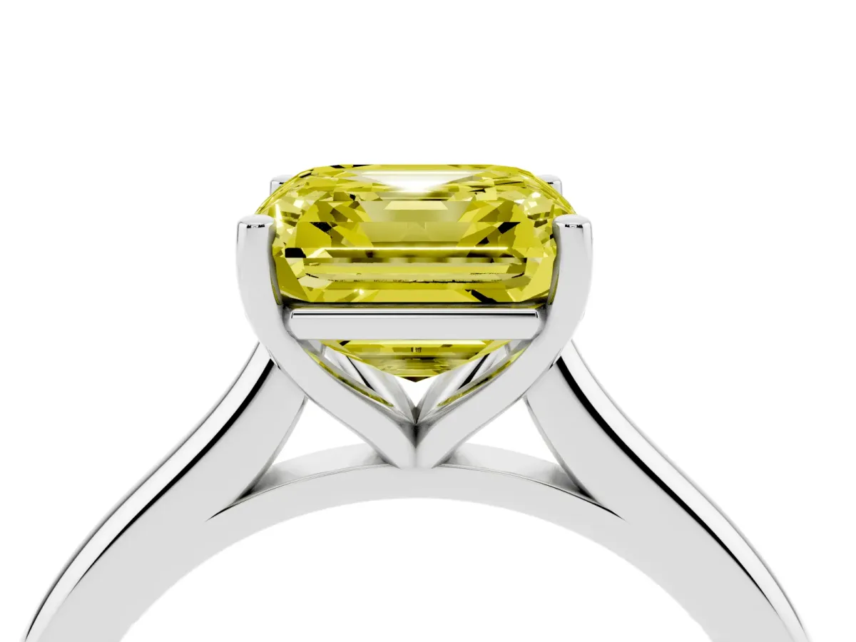 Fancy Yellow Asscher Cut Cut Solitaire Ring with Cathedral Band and Four-Prong Setting Silver
