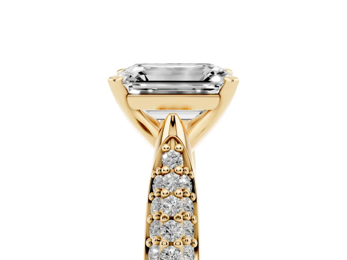 Emerald Cut Diamond Solitaire Engagement Ring with Multi-Row Round Pavé Band and Prong Setting Yellow gold