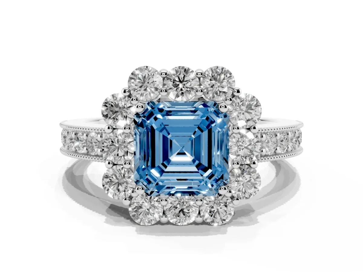 Fancy Blue Asscher Cut Cut Halo Diamond Pavé Engagement Ring with Milgrain Detailing Platinum