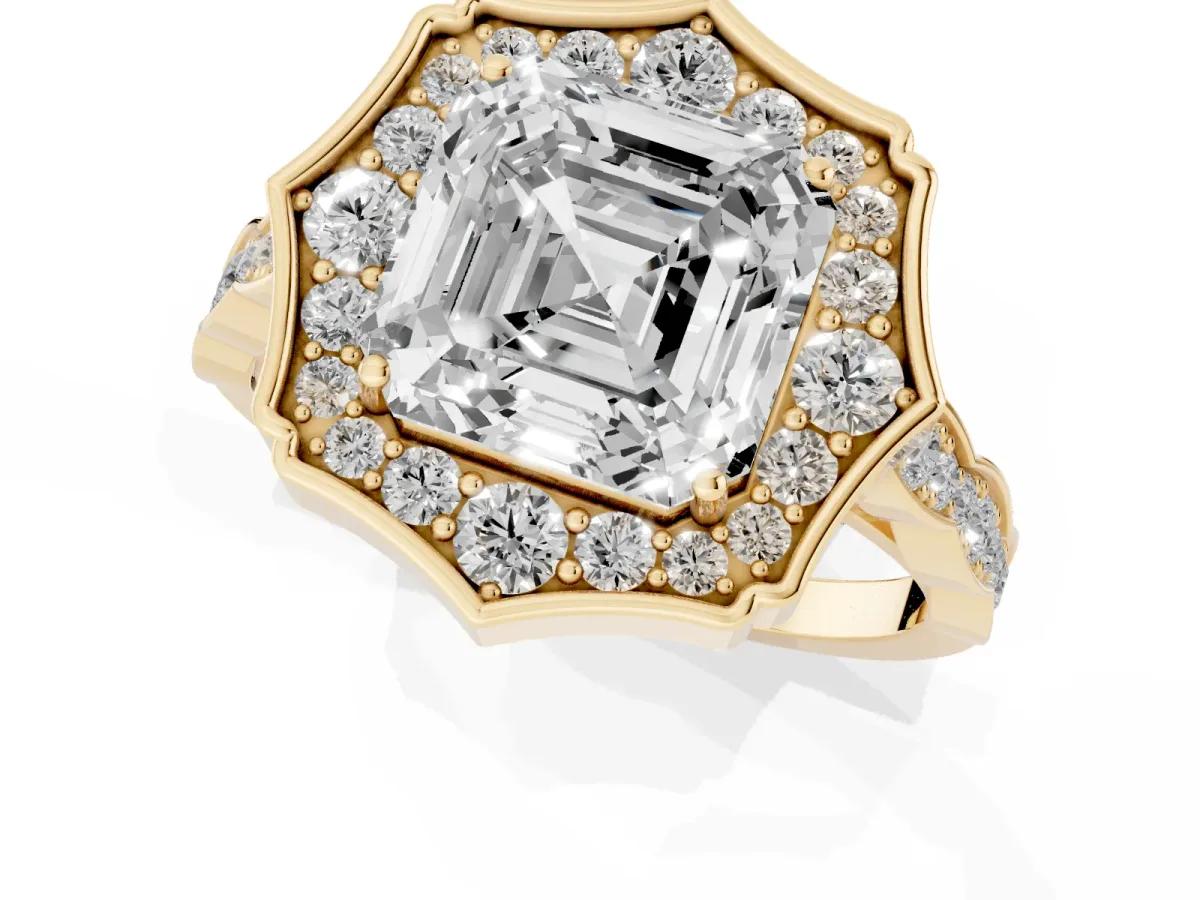 Asscher Cut Halo Diamond Engagement Ring with Milgrain Band and Four-Prong Setting Yellow gold