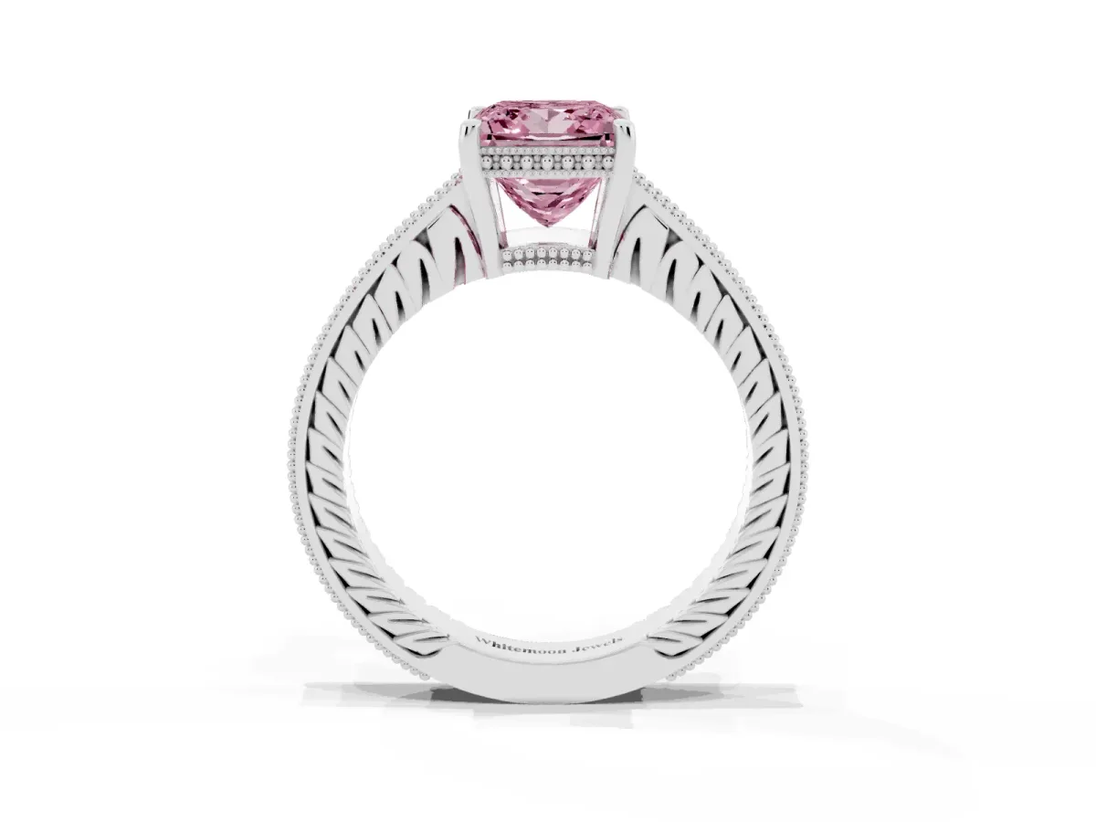 Fancy Pink Princess Cut Solitaire Pavé Diamond Milgrain Engagement Ring with Four-Prong Setting Silver