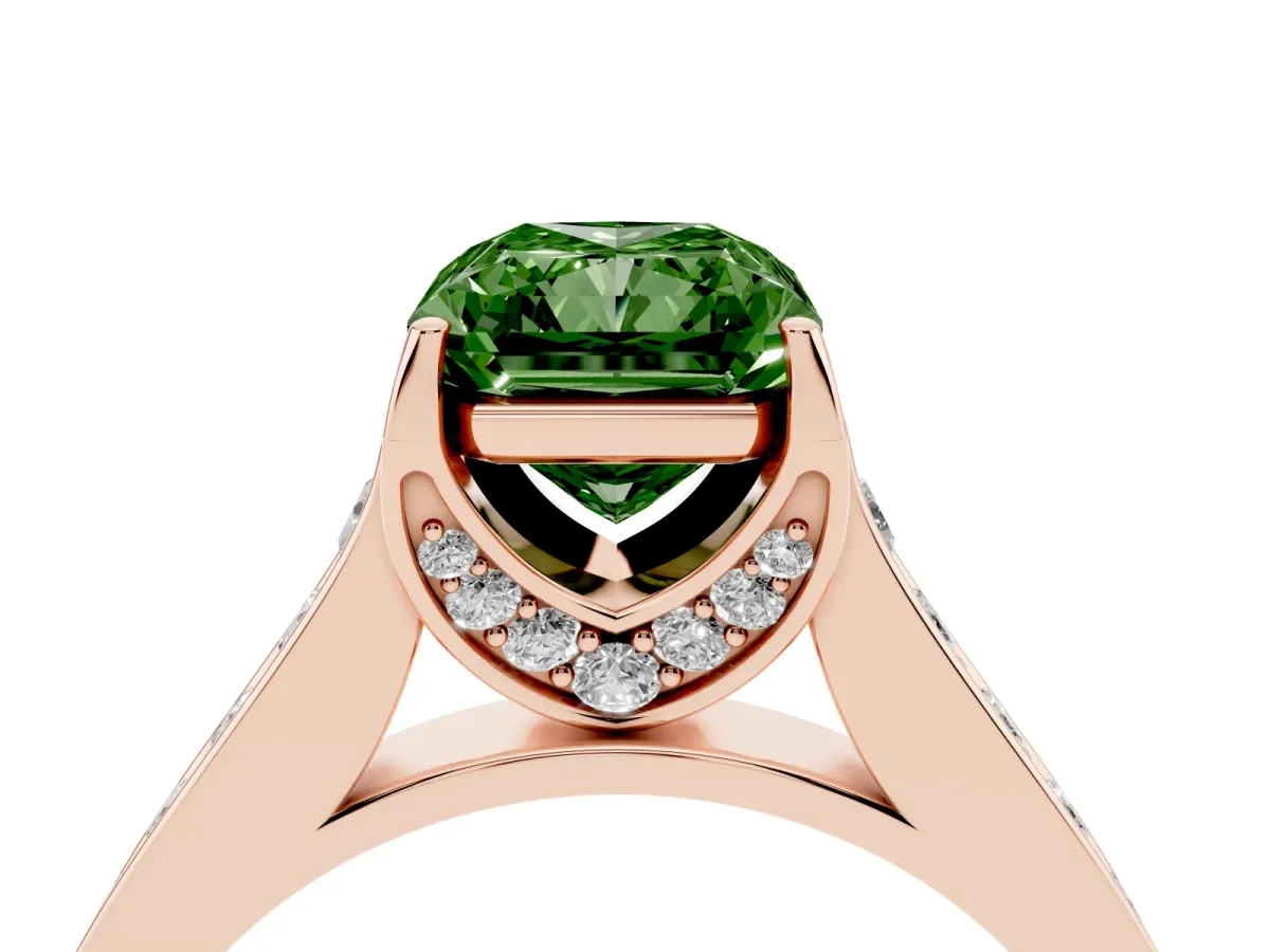 Fancy Green Radiant Cut Brilliant Cut Diamond Engagement Ring with Pavé Band and Four-Prong Setting Rose gold