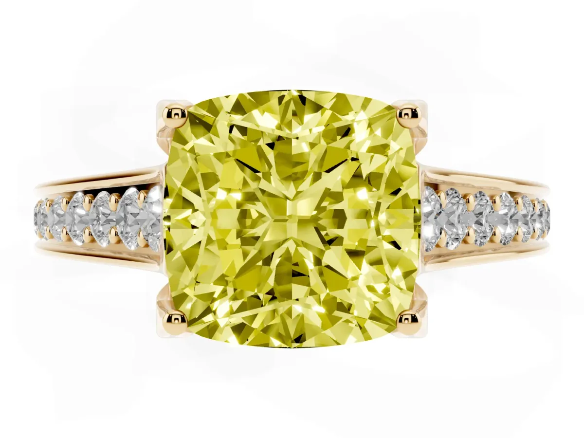 Fancy Yellow Cushion Cut Brilliant Cut Diamond Engagement Ring with Pavé Band and Four-Prong Setting Yellow gold