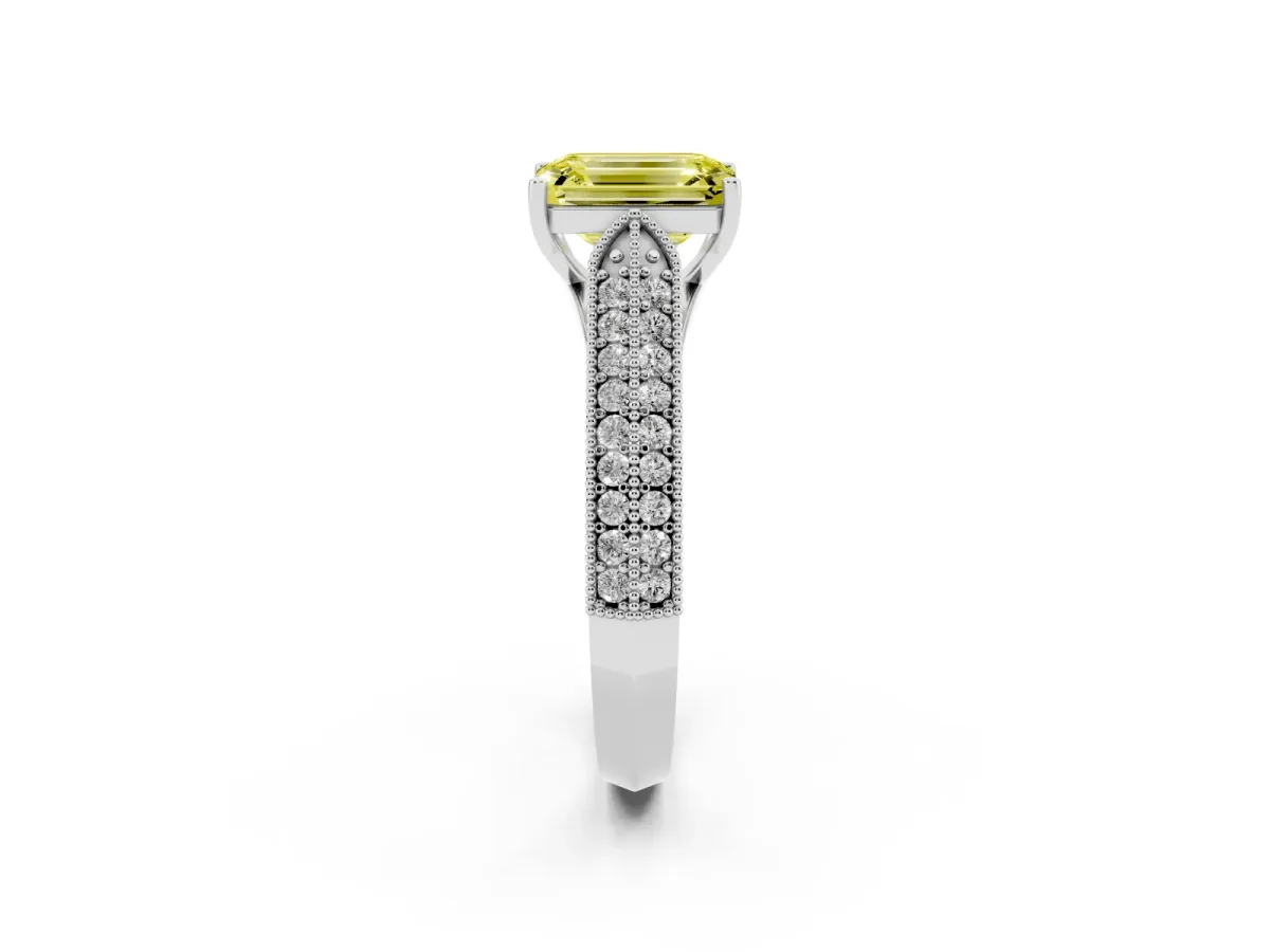 Fancy Yellow Emerald Cut Cut Pave Split Shank Engagement Ring with Four-Prong Setting White gold