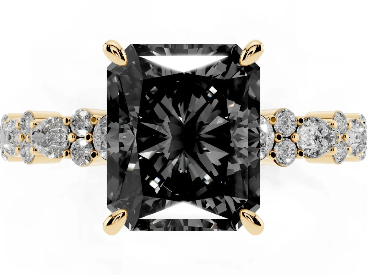 Fancy Black Radiant Cut Diamond Side Stone Solitaire Ring with Round and Four-Prong Setting Yellow gold