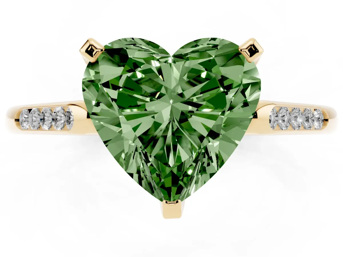 Fancy Green Heart Cut Diamond Solitaire Ring with Channel Set Round Band and Prong Setting Yellow gold