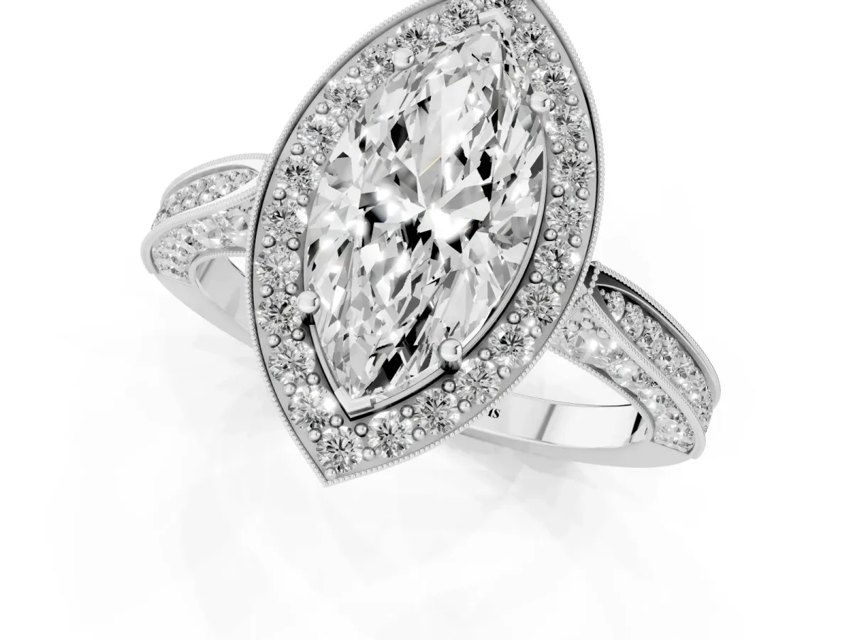 Marquise Cut Halo Diamond Engagement Ring with Split Shank Band and Four-Prong Setting Silver