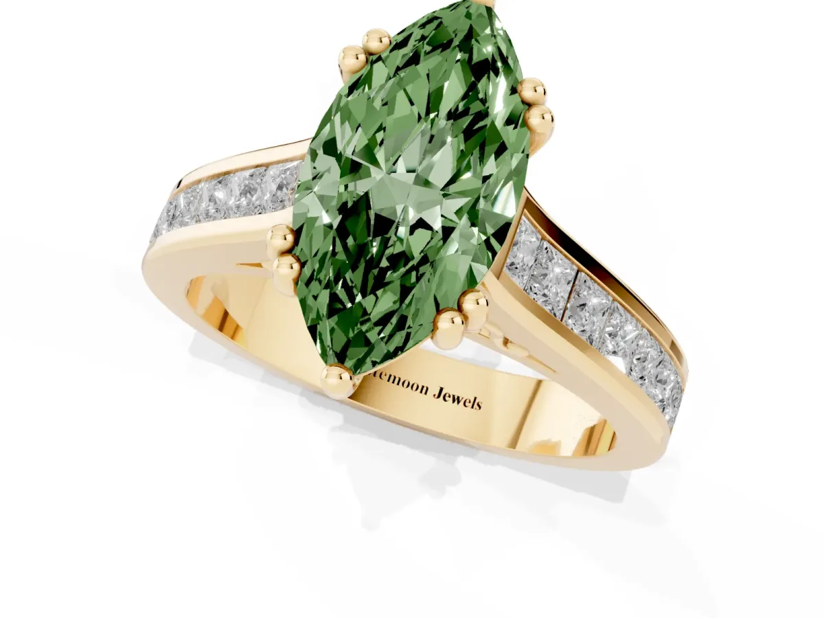 Fancy Green Marquise Cut Cut Channel Set Solitaire Engagement Ring with Prong Setting Yellow gold