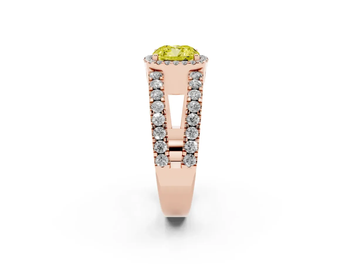 Fancy Yellow Cushion Cut Cut Halo Split Shank Diamond Ring with Four-Prong Setting Rose gold
