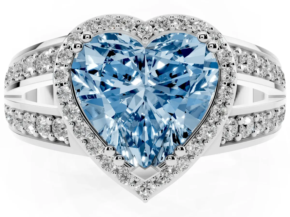 Fancy Blue Heart Cut Diamond Halo Ring with Split Shank Pavé Band and Four-Prong Setting Platinum