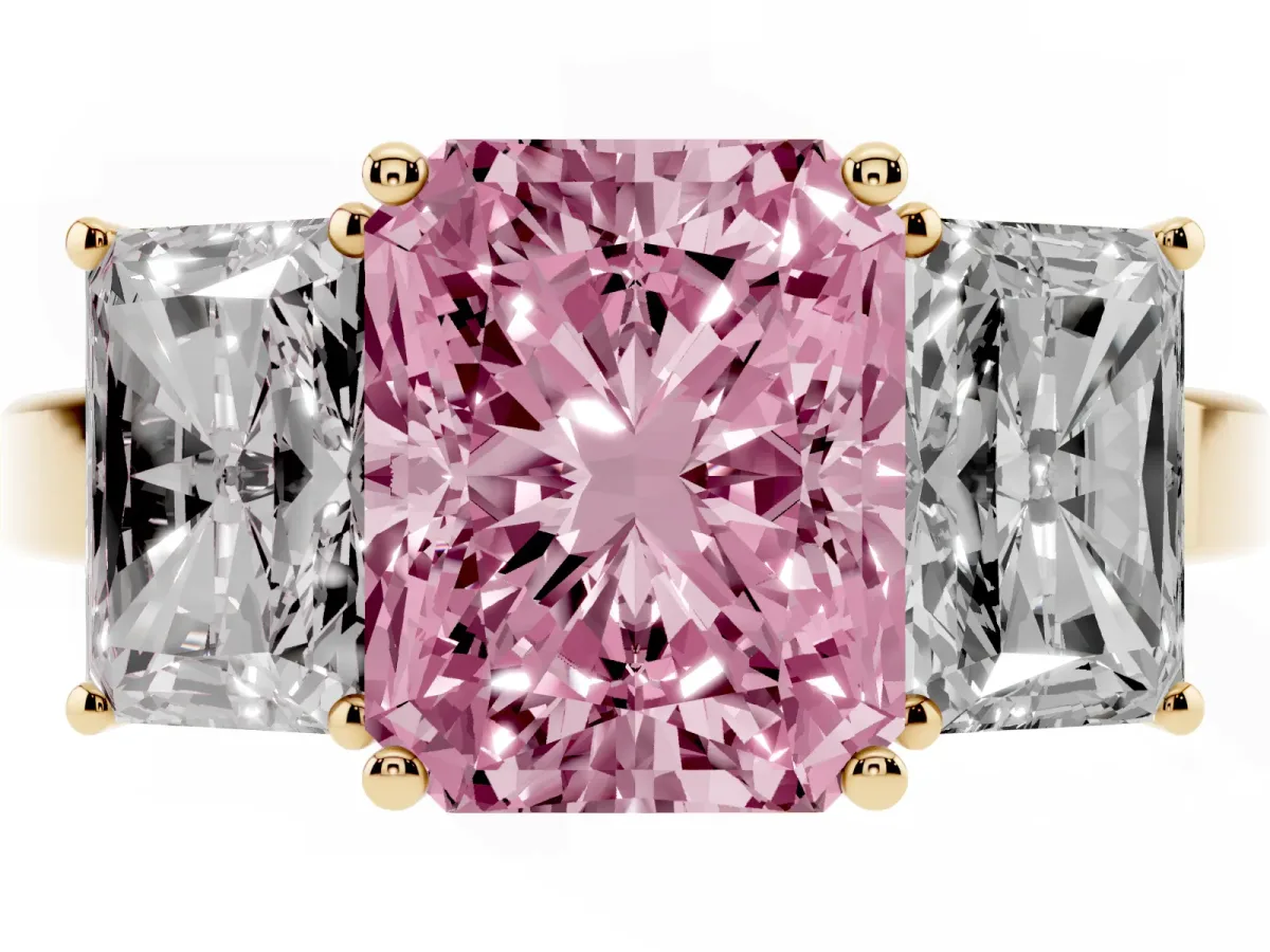 Fancy Pink Three-Stone Radiant Cut Cut Diamond Engagement Ring with Flat Band and Four-Prong Setting Yellow gold