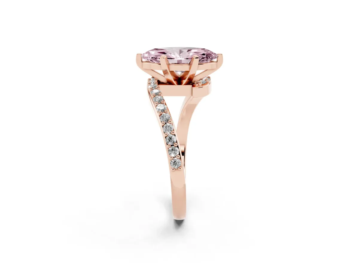 Fancy Pink Marquise Cut Solitaire Twist Band with Pave Set Diamonds and Four-Prong Setting Rose gold