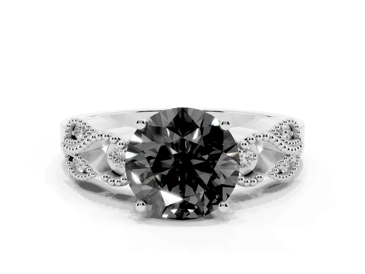 Fancy Black Round Cut Solitaire Milgrain Leaf Band with Prong Setting Silver