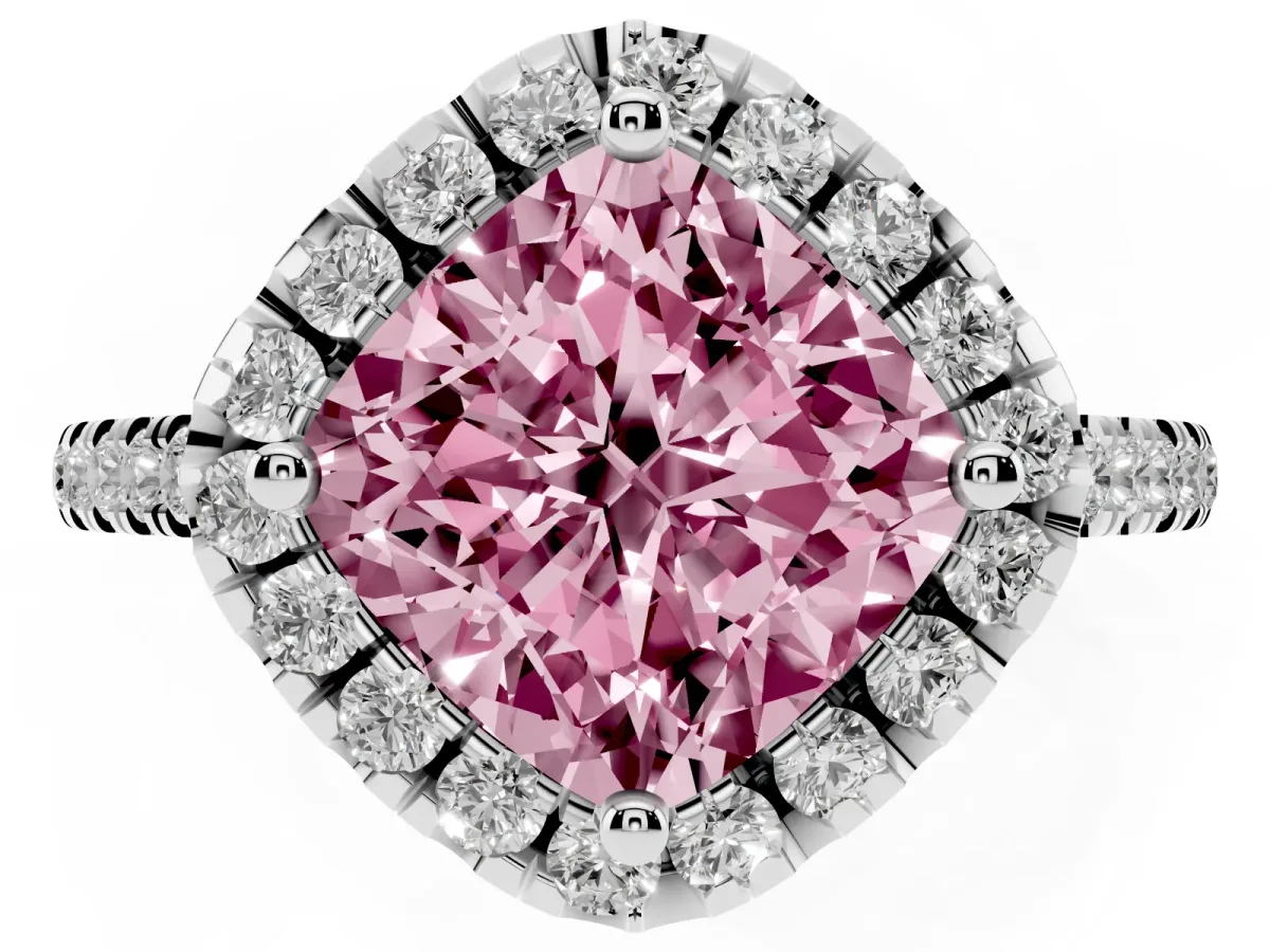 Fancy Pink Cushion Cut Diamond Cushion Halo Ring with Pavé Band Silver