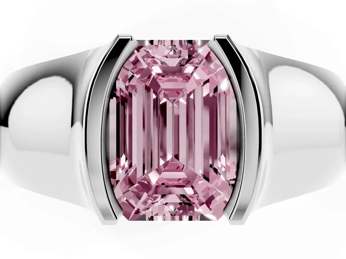 Fancy Pink Emerald Cut Solitaire Bezel Set Diamond Ring with Wide Band Platinum