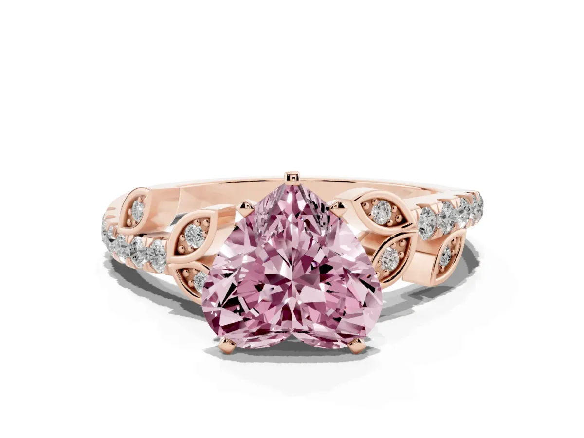 Fancy Pink Heart Cut Solitaire Leaf-Inspired Diamond Ring with Pavé Band and Four-Prong Setting Rose gold