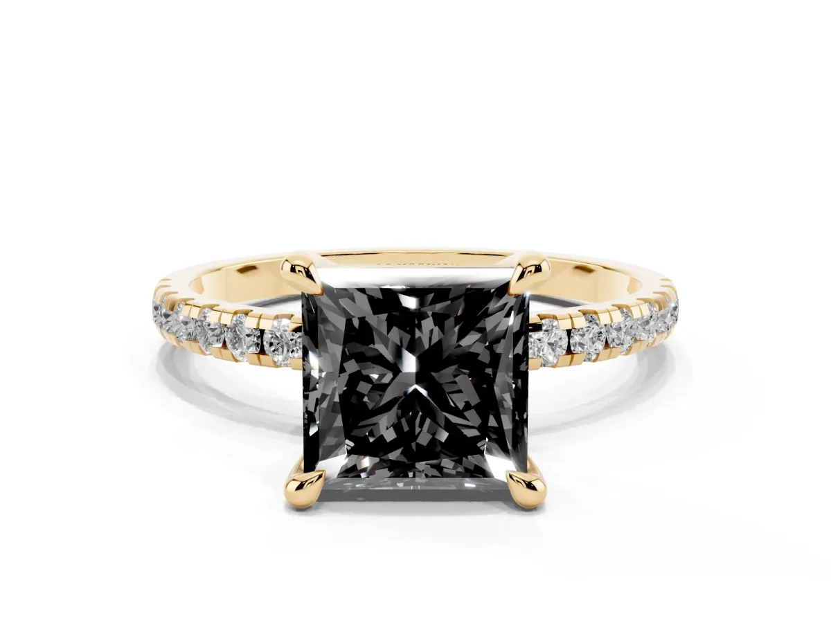 Fancy Black Princess Cut Diamond Brilliant Solitaire Ring with Pavé Band and Four-Prong Setting Yellow gold