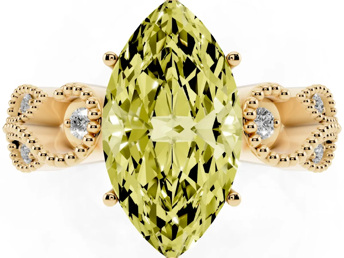 Fancy Yellow Marquise Cut Solitaire Milgrain Leaf Band with Prong Setting Yellow gold