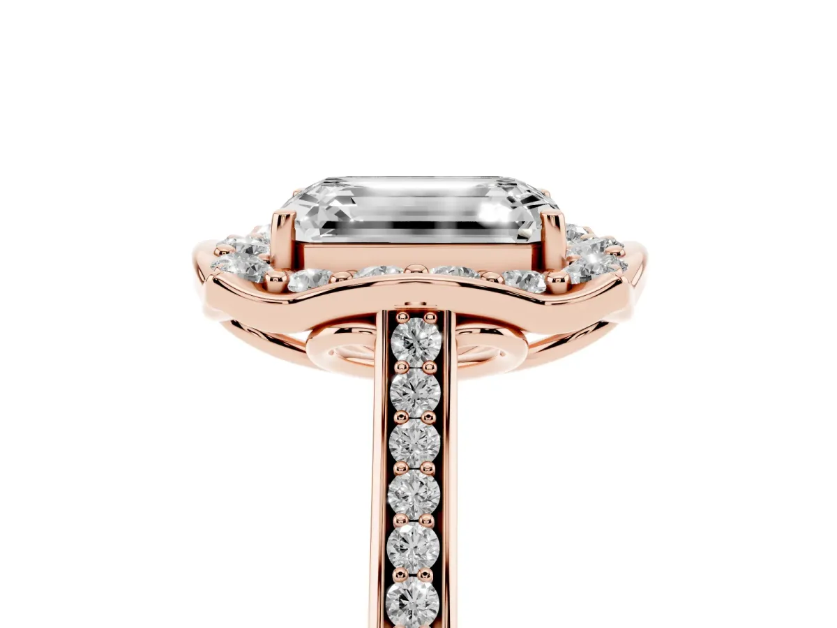 Emerald Cut Halo Round Diamond Pave Band with Four-Prong Setting Rose gold