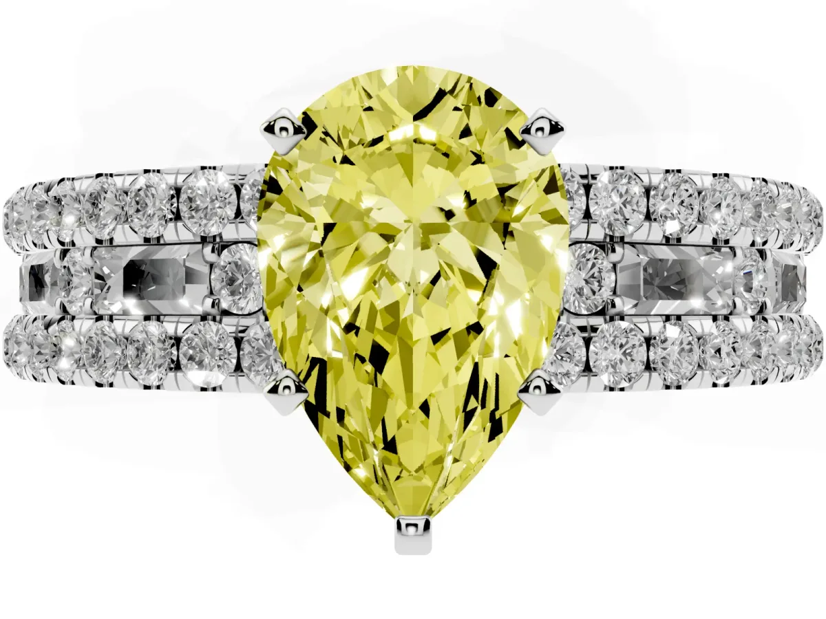 Fancy Yellow Pear Cut Diamond Solitaire Ring with Pavé and Channel Set Band Silver