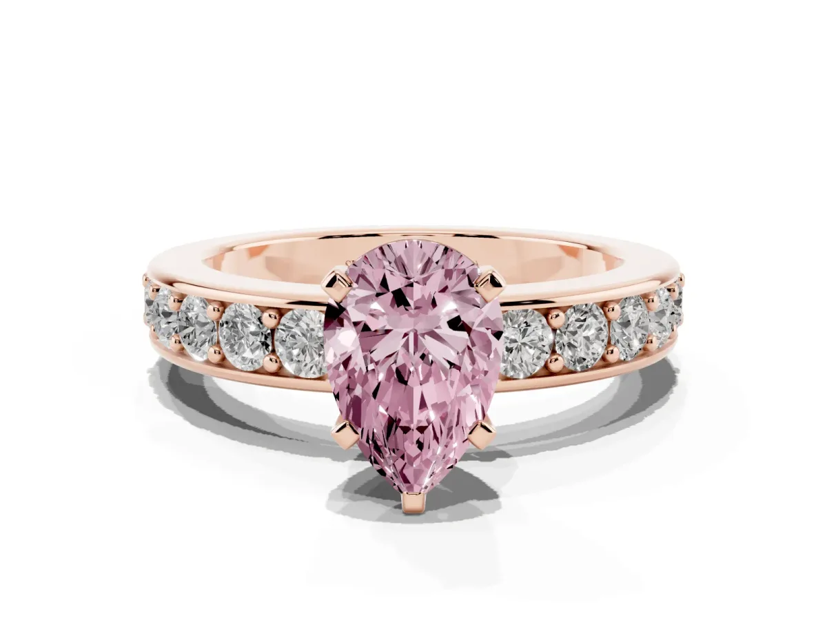 Fancy Pink Pear Cut Diamond Engagement Ring with Channel Set Round Band and Prong Setting Rose gold