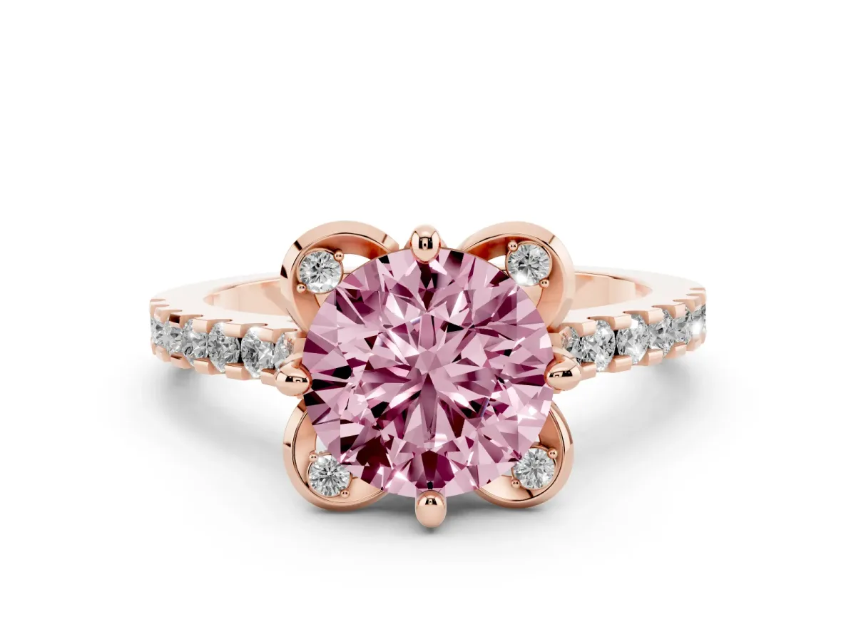 Fancy Pink Round Cut Diamond Ring with Pavé Band and Floral Prong Setting Rose gold