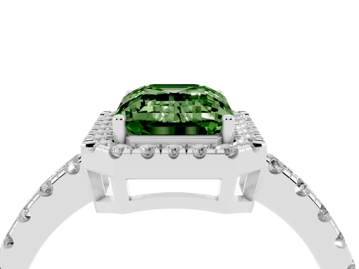 Fancy Green Emerald Cut Diamond Halo Ring with Pavé Band and Four-Prong Setting Platinum