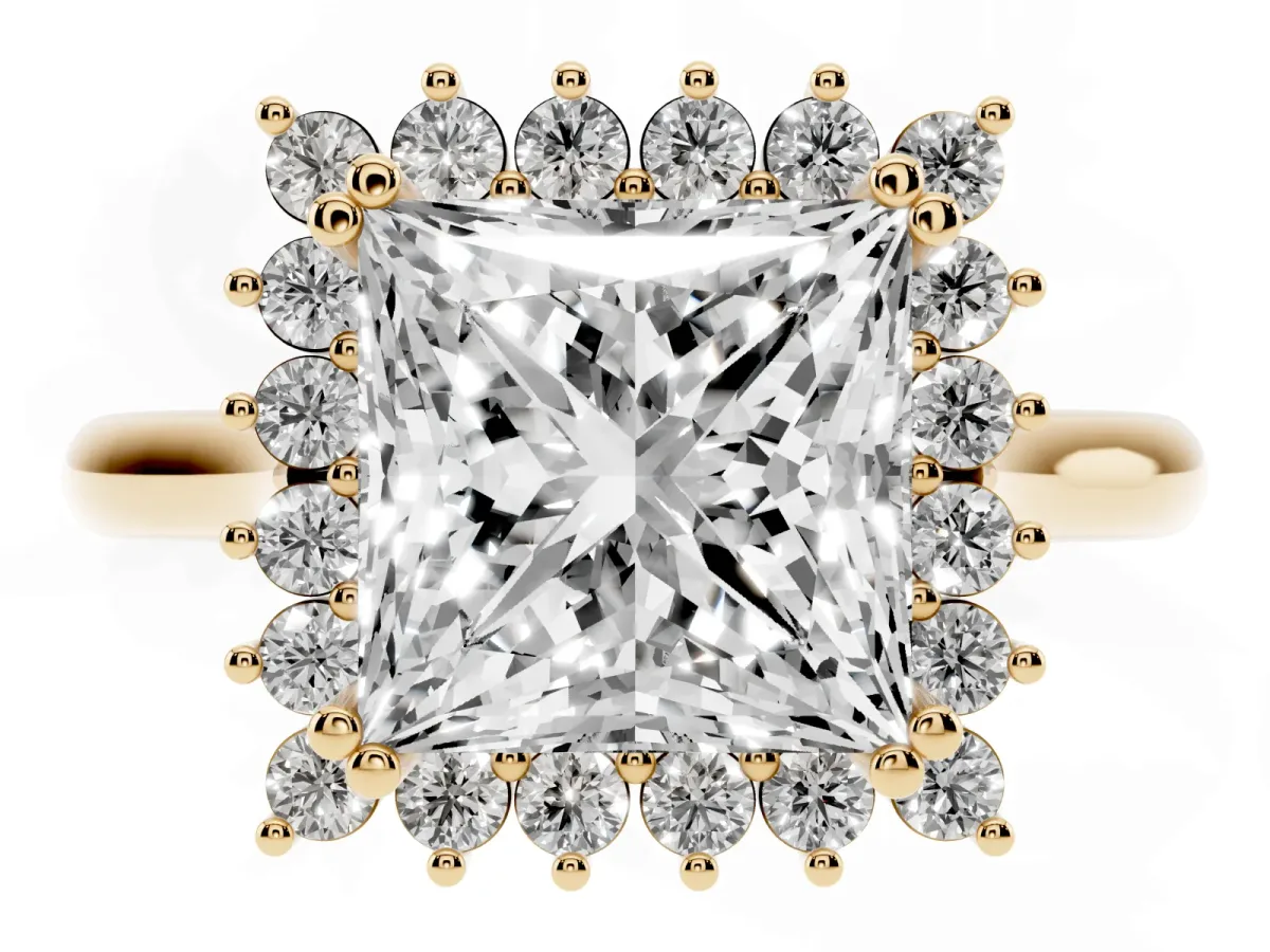 Princess Cut Cut Diamond Halo Ring with Solitaire Band and Prong Setting Yellow gold